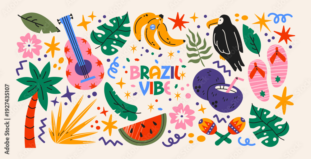 Fototapeta premium Brazil tropical culture stickers with summer travel and exotic lifestyle elements including palm trees, toucan, maracas and fruits, latin music vibes and beach holiday symbols for brazilian carnival 