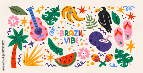 Brazil tropical culture stickers with summer travel and exotic lifestyle elements including palm trees, toucan, maracas and fruits, latin music vibes and beach holiday symbols for brazilian carnival 