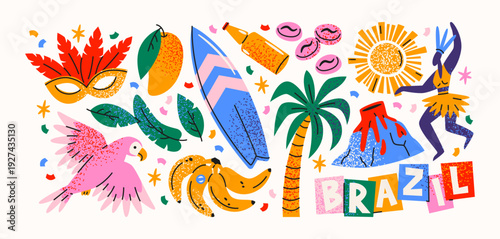 Brazil tropical culture stickers with summer travel and exotic lifestyle elements including palm trees, toucan, maracas and fruits, latin music vibes and beach holiday symbols for brazilian carnival 