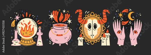 Dark magic occult symbols stickers with mystical witchcraft elements including potion bottles, skull, candles and magic hands, esoteric ritual objects and spell casting symbols for astrology alchemy
