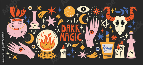 Dark magic occult symbols stickers with mystical witchcraft elements including potion bottles, skull, candles and magic hands, esoteric ritual objects and spell casting symbols for astrology alchemy