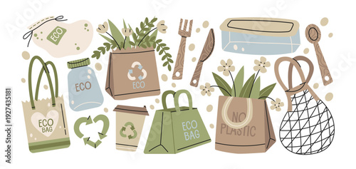 Eco packaging stickers with reusable bags paper containers and recycling symbols, sustainable shopping items with zero waste packaging and plastic free materials in daily eco lifestyle use