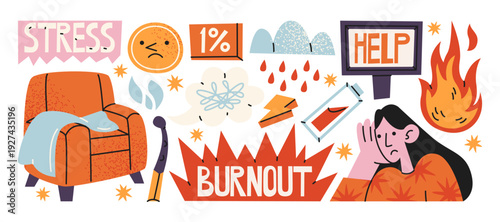 Deadline stress stickers with time management and work pressure elements including calendar, clock, documents and deadline reminder symbols for office productivity and task planning concepts