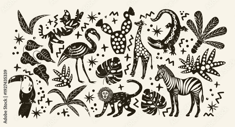 Fototapeta premium Safari animals silhouettes set with zebra giraffe lion in retro cartoon style. shapes: tropical leaves, flamingo, crocodile, toucan with bold patterns and graphic forms. jungle wildlife collection