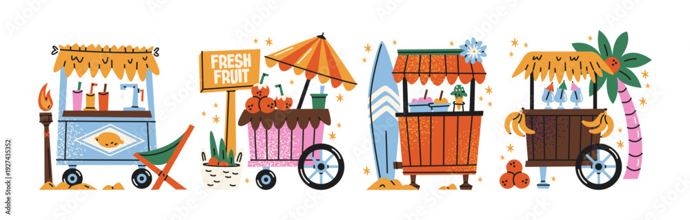 Obraz premium Street food carts in retro cartoon style. mobile kiosks: fruit stand, drink stall, juice bar, tropical market carts with umbrella, surfboard, palm tree, beach street food vendors and summer market 