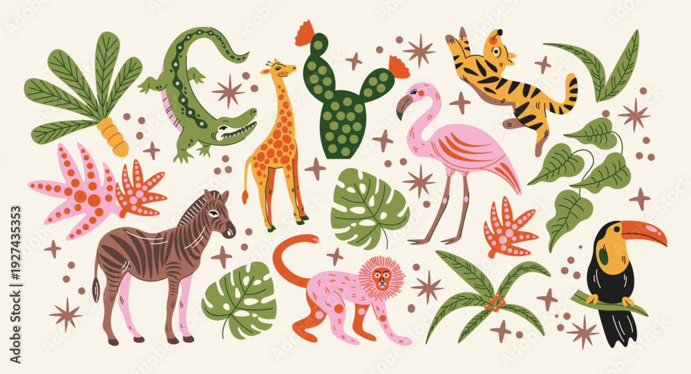 Fototapeta premium Jungle animal stickers with tropical leaves and cactus, playful wildlife set in colorful decorative composition with safari theme and exotic nature elements, cute cartoon style for kids 