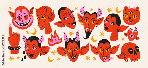 Obraz na plátně Devil demon characters stickers with evil fantasy faces and halloween horror exp