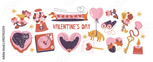 Valentine’s Day romantic stickers in retro cartoon style. Cupid, heart, love letter, wine, cake, swans, roses, key and lock, mirror and doves. Illustration for romance, wedding and celebration
