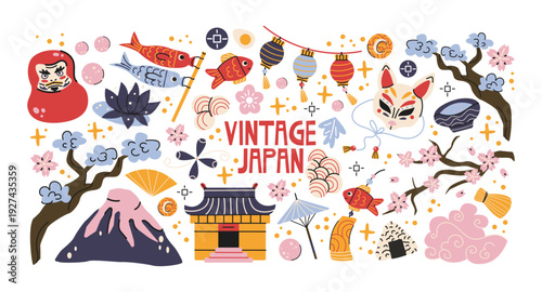 Japanese culture stickers in retro cartoon style. Asian symbols: fan, crane, bonsai, teapot, mask, umbrella, bamboo, mountains. Traditional oriental objects collection with sakura flowers 