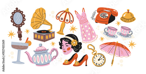 Elegant 90s fashion stickers in retro cartoon style. Luxury items: high heels, wristwatch, perfume bottle, lipstick, lingerie, jewelry, cocktail glass. Chic feminine lifestyle concept 