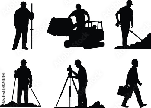 Construction worker silhouettes set showing builders engineers surveyors and heavy equipment operators black flat vector illustration for industry design