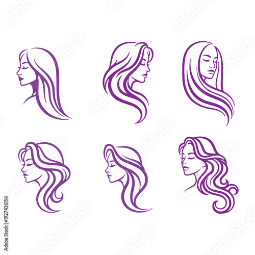 Elegant Purple Female Face Silhouettes with Flowing Hair - Set of 6 Minimalist Vector Illustrations for Beauty, Fashion & Hair Care Branding