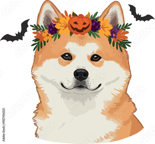 Pixel Art Dog Wearing Halloween Pumpkin Wreath and Bats