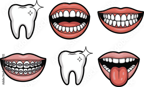 Dental care cartoon icons set with healthy tooth smiling mouths braces tongue teeth flat vector illustration for dentistry hygiene education