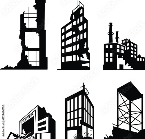 Destroyed buildings silhouettes set showing ruined factories skyscrapers and urban structures black flat vector illustration for disaster post apocalyptic design