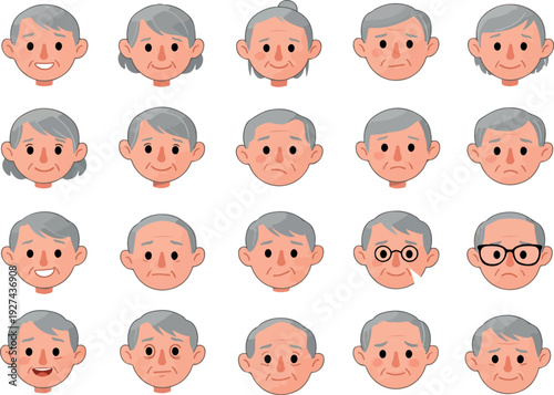 Pixel Art Elderly Faces Icons Representing Diverse Emotions and Ages