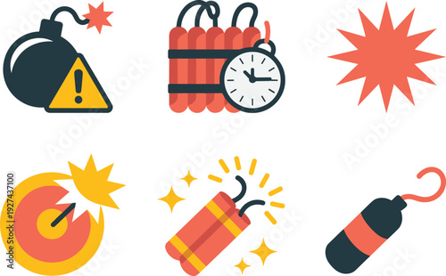 Explosive bomb and dynamite vector illustration set with detonation symbols timer fuse blast icon isolated on light background