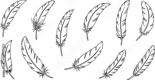 Simple hand drawn feather outline icons for decorative elements and spiritual themes, perfect for craft projects and greeting cards