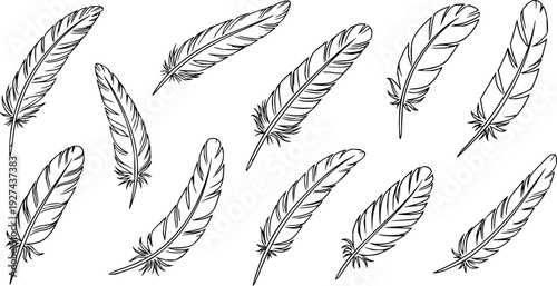 Simple hand drawn feather outline icons for decorative elements and spiritual themes, perfect for craft projects and greeting cards