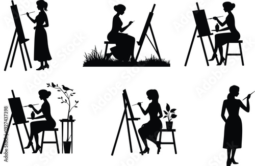Female artist painting silhouettes set showing women painters working on easel creative art studio outdoor inspiration icons black vector illustration