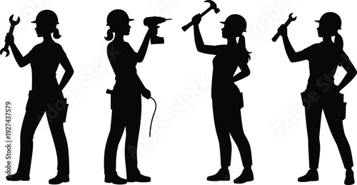 Female construction worker silhouettes with tools set showing women builders engineers mechanics labor icons isolated black vector illustration collection