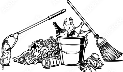 Practical tools for environmental cleanup, such as a grabber, bucket, and broom, shown with typical litter and a hermit crab, great for promoting ecological awareness campaigns.