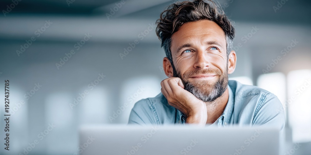 Naklejka premium Thoughtful businessman with beard looking up and smiling while resting his chin on his hand
