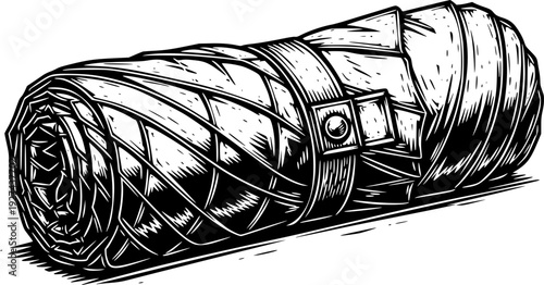 A neatly rolled travel umbrella secured by a strap, rendered in a striking black and white woodcut style