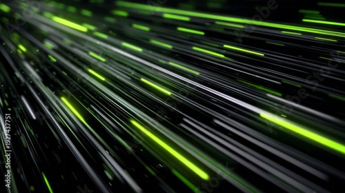 Glowing green and white lines streak through darkness in a futuristic abstract.