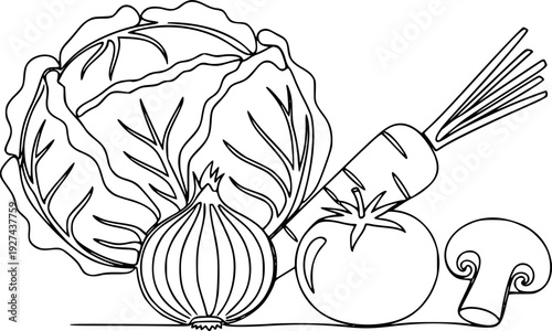 A minimalist continuous line drawing depicting fresh cabbage, carrot, onion, tomato, and mushroom, perfect for culinary content