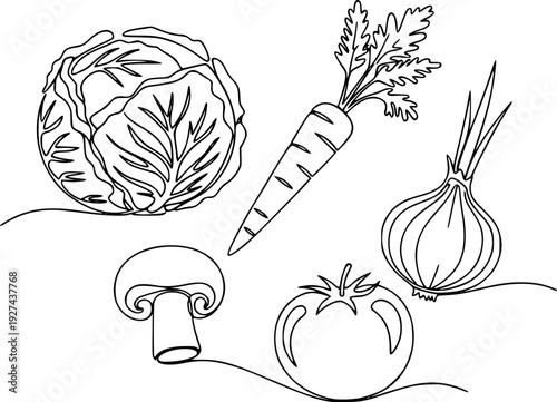 A minimalist continuous line drawing depicting fresh cabbage, carrot, onion, tomato, and mushroom, perfect for culinary content