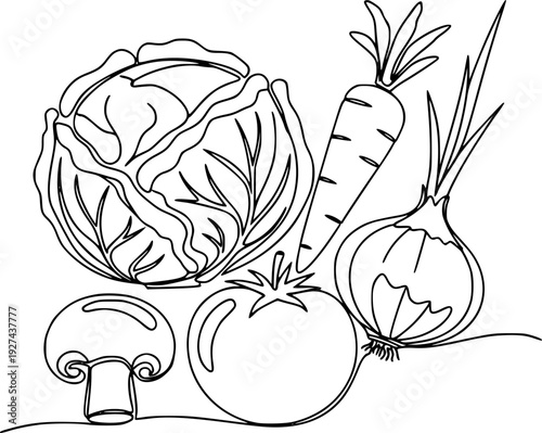 A minimalist continuous line drawing depicting fresh cabbage, carrot, onion, tomato, and mushroom, perfect for culinary content
