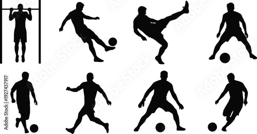 Football player silhouette vector set featuring soccer actions fitness exercise poses sport illustration isolated line art black white