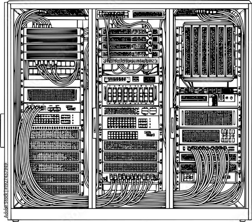 Detailed line drawing of a modern data center server rack with multiple units