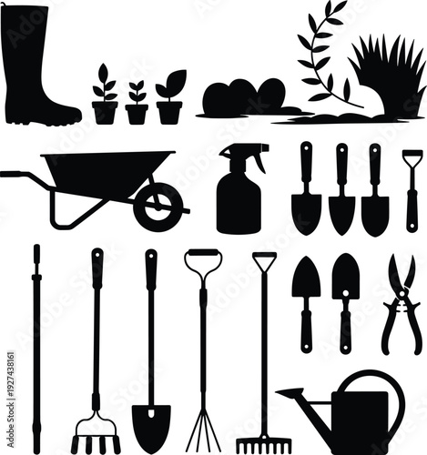 Garden tools and plants silhouette vector illustration set with wheelbarrow shovel rake watering can isolated on white background for landscaping design