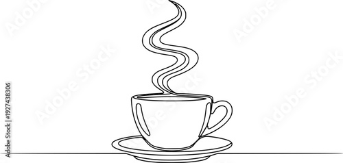 Continuous line drawing of a steaming coffee cup on a saucer with an undulating line extending across