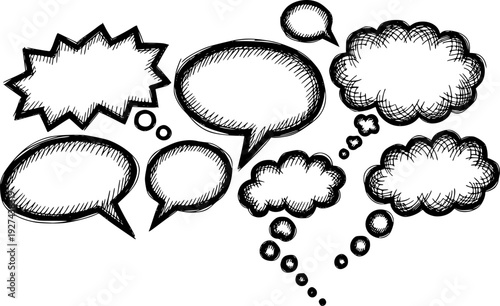 Hand drawn scribble style speech and thought bubbles representing communication and ideas useful for graphic projects 