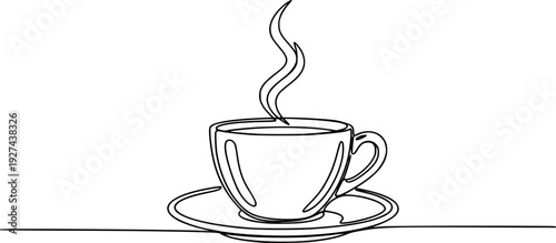 Continuous line drawing of a steaming coffee cup on a saucer with an undulating line extending across
