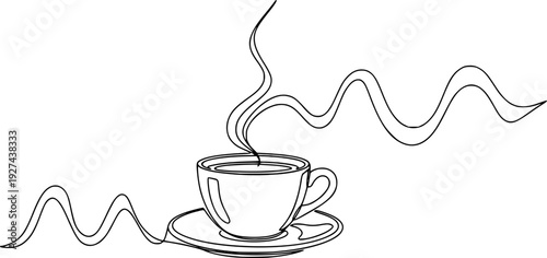 Continuous line drawing of a steaming coffee cup on a saucer with an undulating line extending across