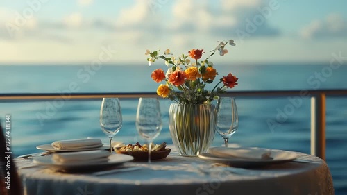 Romantic dinner setting on a cruise ship deck overlooking the ocean at sunset.