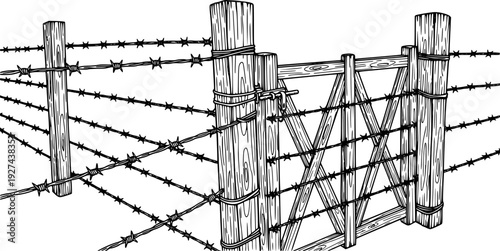 Hand drawn line sketch of a sturdy barbed wire fence with robust wooden posts and a gate structure, perfect for depicting rural boundaries
