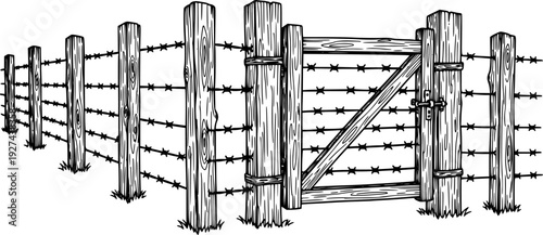 Hand drawn line sketch of a sturdy barbed wire fence with robust wooden posts and a gate structure, perfect for depicting rural boundaries