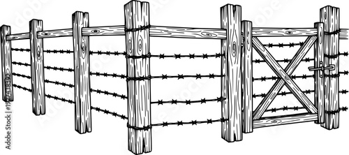 Hand drawn line sketch of a sturdy barbed wire fence with robust wooden posts and a gate structure, perfect for depicting rural boundaries