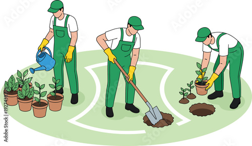 Gardening and planting illustration showing professional gardener watering digging and transplanting plants outdoor garden maintenance eco friendly flat vector design