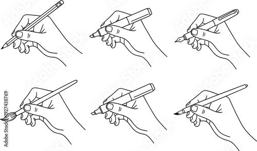 Hand holding pen pencil marker and paintbrush line illustration set showing writing drawing gestures isolated black vector collection