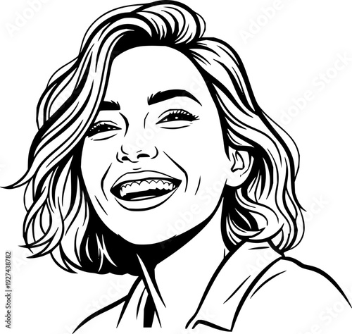 Joyful woman with short hair smiling brightly