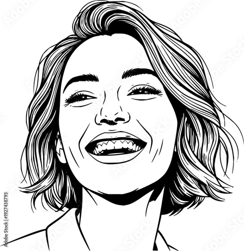 Joyful woman with short hair smiling brightly