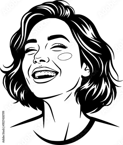 Joyful woman with short hair smiling brightly