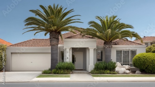 Modern residential home with palm trees in front, featuring a welcoming entrance and lush green landscaping under a clear blue sky