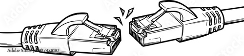 Handdrawn sketch of two separate Ethernet network cables with RJ45 connectors symbolizing a broken internet connection or technical issue
